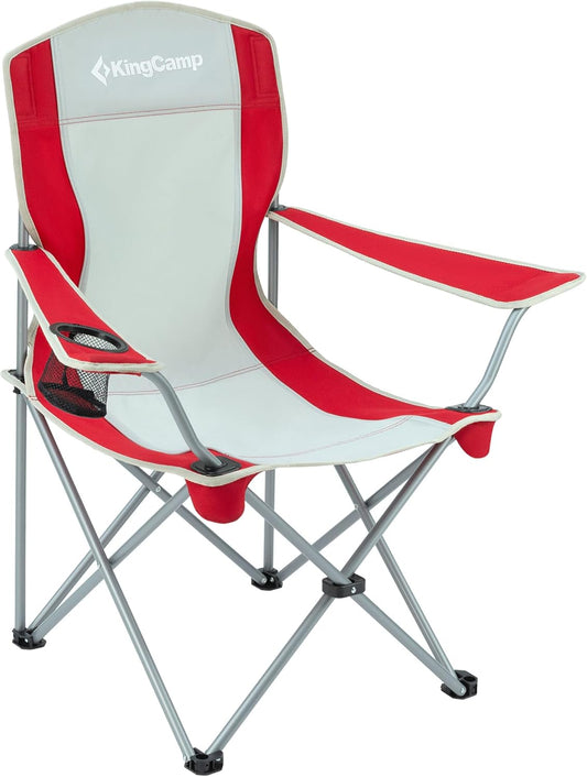 Lightweight Folding Outdoor Lounge Chair with Cupholder and Adjustable Armrests for Camping, Sporting Events, or Tailgating, Red/Gray