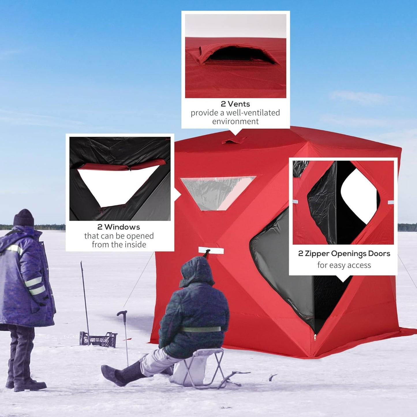 2-4 People Ice Fishing Shelter, Pop-Up Portable Ice Fishing Tent with Carry Bag, Two Doors, Windows and Vents, Ice Shanty for Winter Fishing