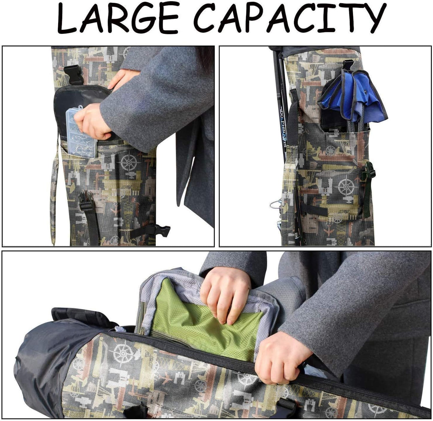 Durable Canvas Fishing Rod & Reel Organizer Bag Travel Carry Case Bag- Holds 5 Poles & Tackle