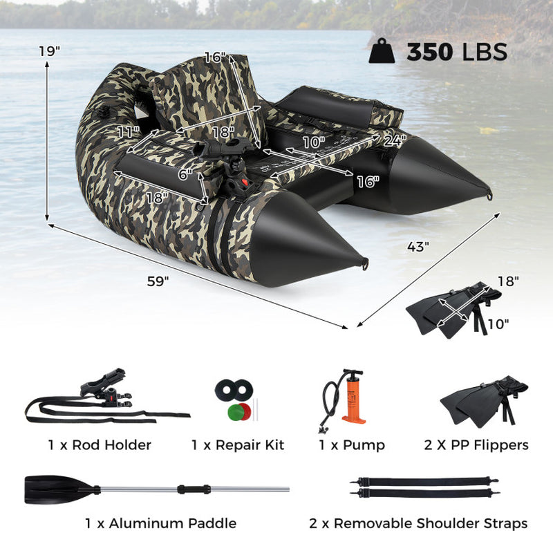 350 LBS Inflatable Fishing Float Tube with Adjustable Backrest and Backpack Straps