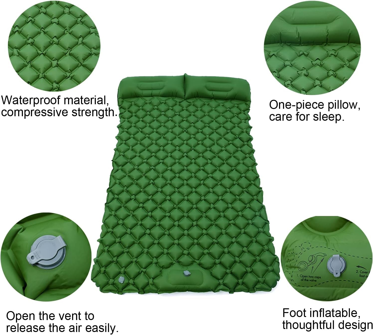 Double Sleeping Pad,Foot Press Inflatable Camping Mat with Pillow,Compact Ultralight Waterproof Camping Air Mattress 2 Person for Tents,Backpacking Beach,Car Camping,Hiking,Traveling