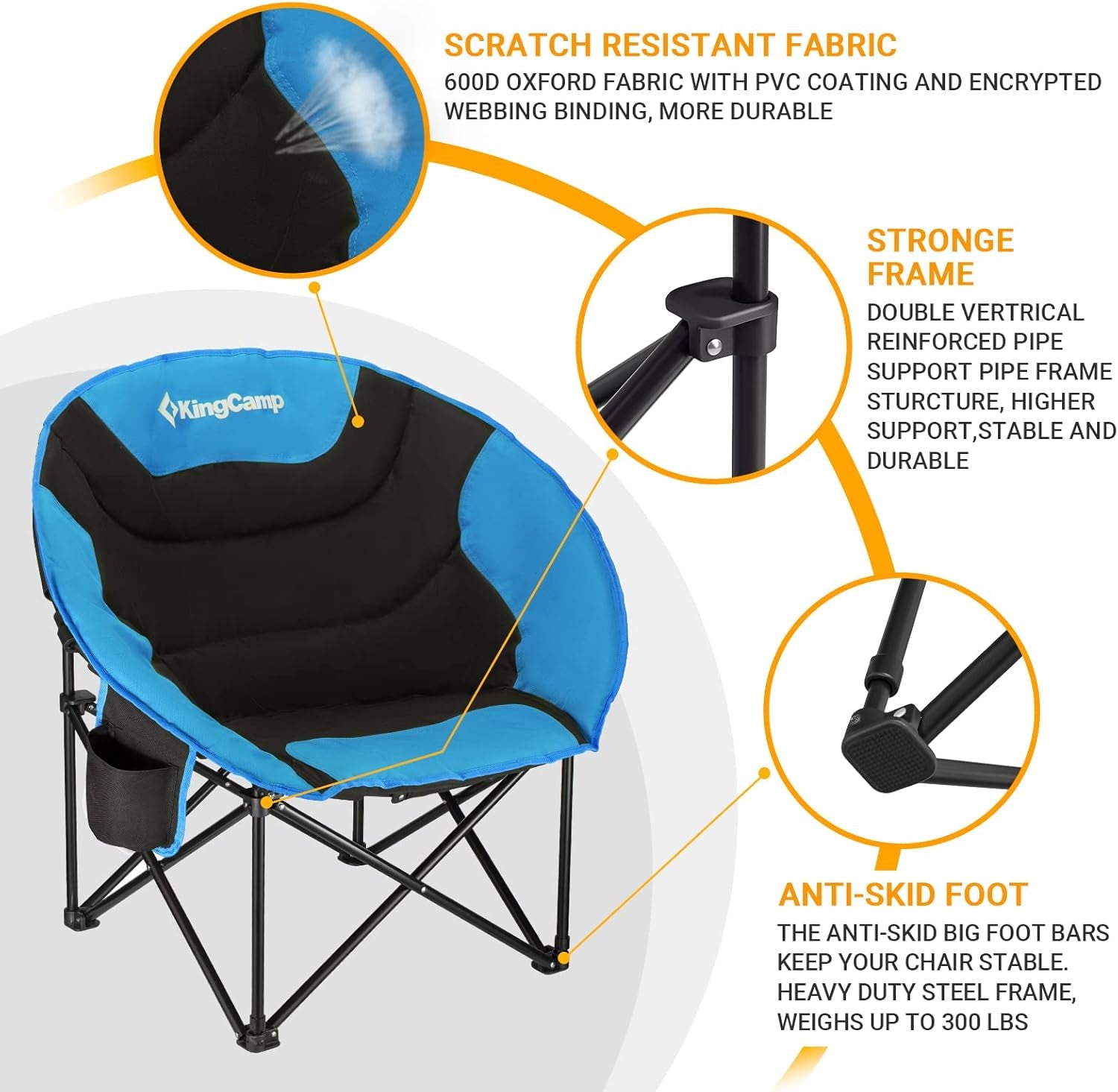 Camping Moon Chair Oversized Padded round Saucer Chairs for Adults 300LBS Capacity Folding Camp Chair with Cup Holder for Sports Fishing BBQ Outdoor Hiking 31 X 33 X 27 Inches Balck&Royablue