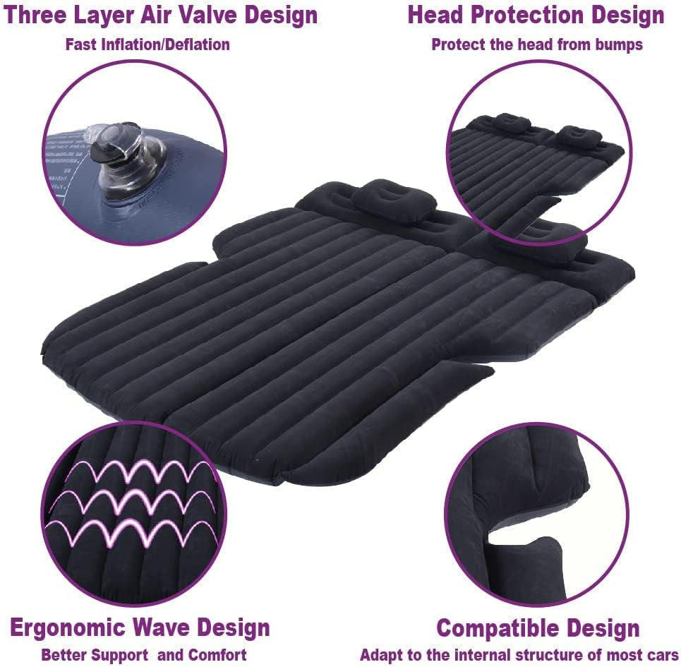 Inflatable Car Mattress, Car Bed for Back Seat, Car Air Mattress with Auto Air Pump, Portable Camping Mattress, Sleeping Pad (SUV Black)