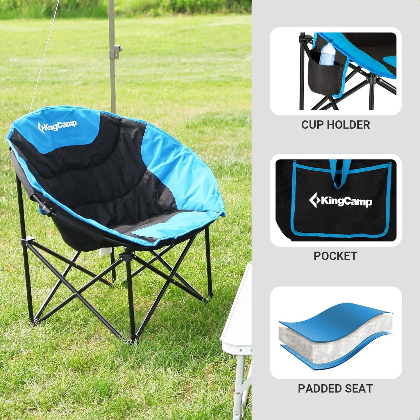 Camping Moon Chair Oversized Padded round Saucer Chairs for Adults 300LBS Capacity Folding Camp Chair with Cup Holder for Sports Fishing BBQ Outdoor Hiking 31 X 33 X 27 Inches Balck&Royablue