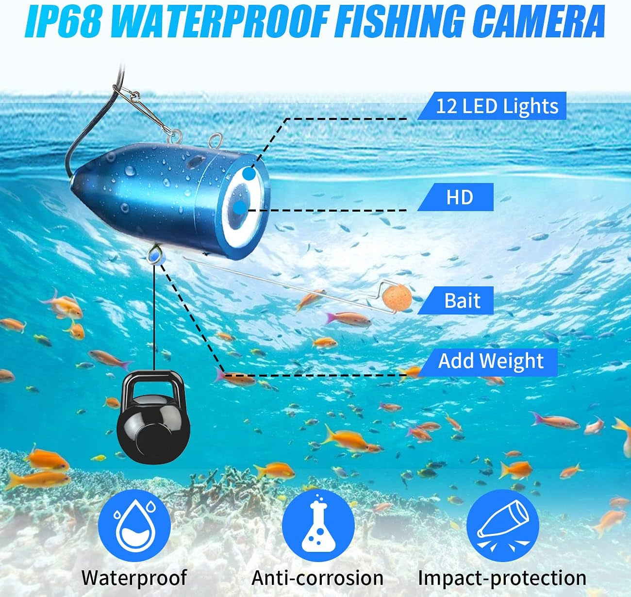 Underwater Fishing Camera, Portable Video Fish Finder Camera 7 Inch LCD Monitor 1000TVL with Depth Temperature Display, 50FT Cable 12PCS IR Infrared LED Fishing Camera for Ice Lake Boat Fishing