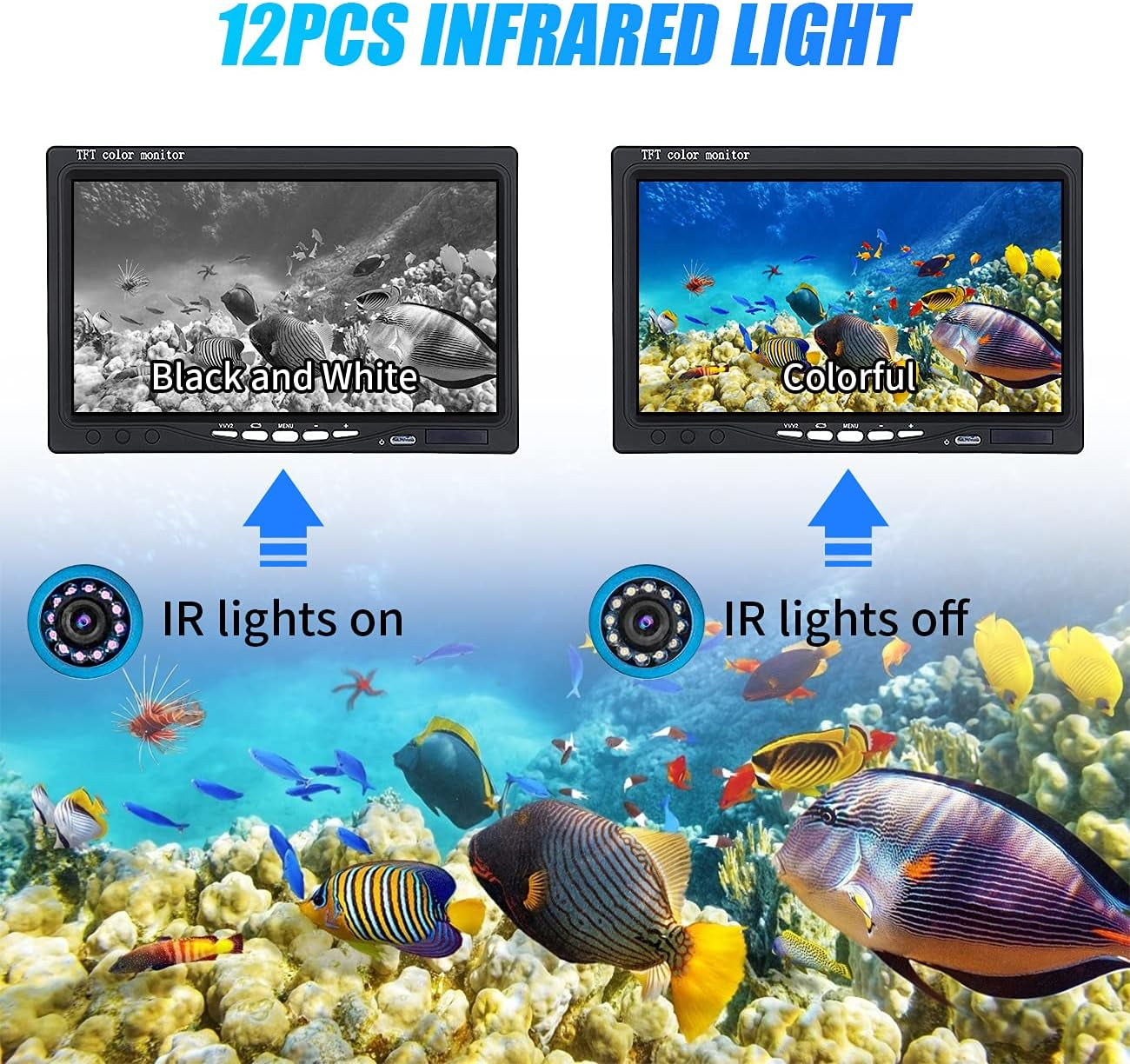 Underwater Fishing Camera, Portable Video Fish Finder Camera 7 Inch LCD Monitor 1000TVL with Depth Temperature Display, 50FT Cable 12PCS IR Infrared LED Fishing Camera for Ice Lake Boat Fishing