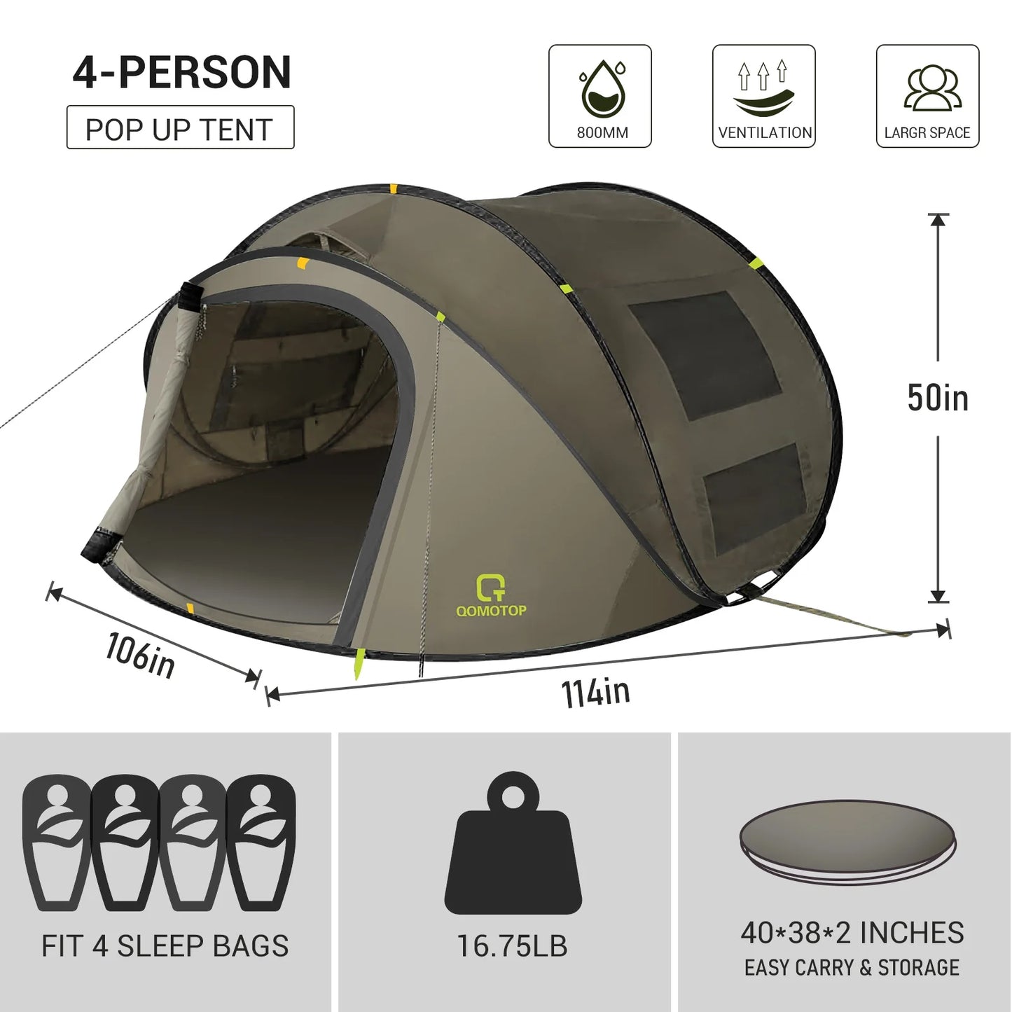 Instant Tent 4-Person Camp Tent, Automatic Setup Pop up Tent, Waterproof, Huge Side Screen Windows, Green