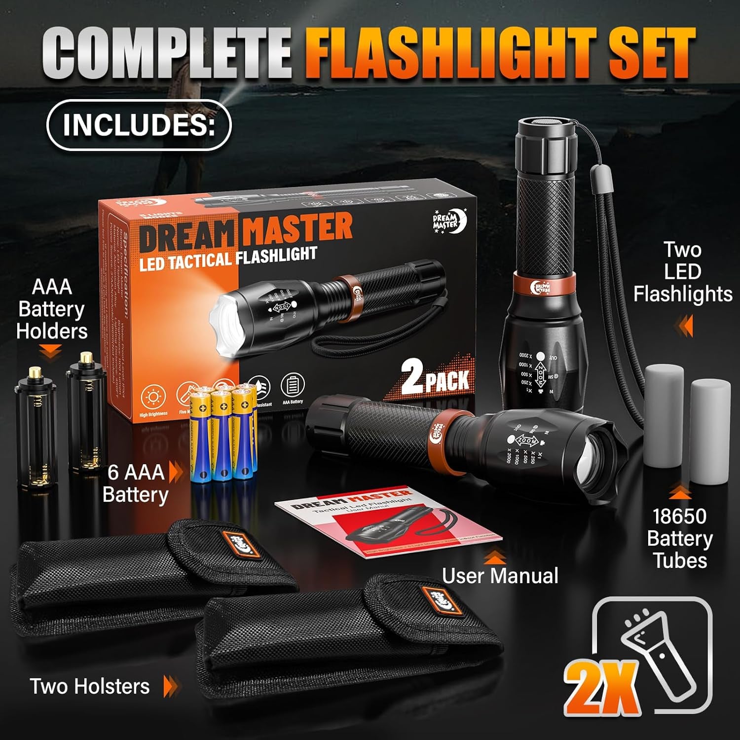 2 Pack LED Flashlights High Lumens with 6 AAA Batteries, 5 Modes Mini Waterproof Tactical Flashlight for Camping Hiking, Bright Flashlight with Zoomable, Fathers Day Dad Gifts for Him, Black & Coppery