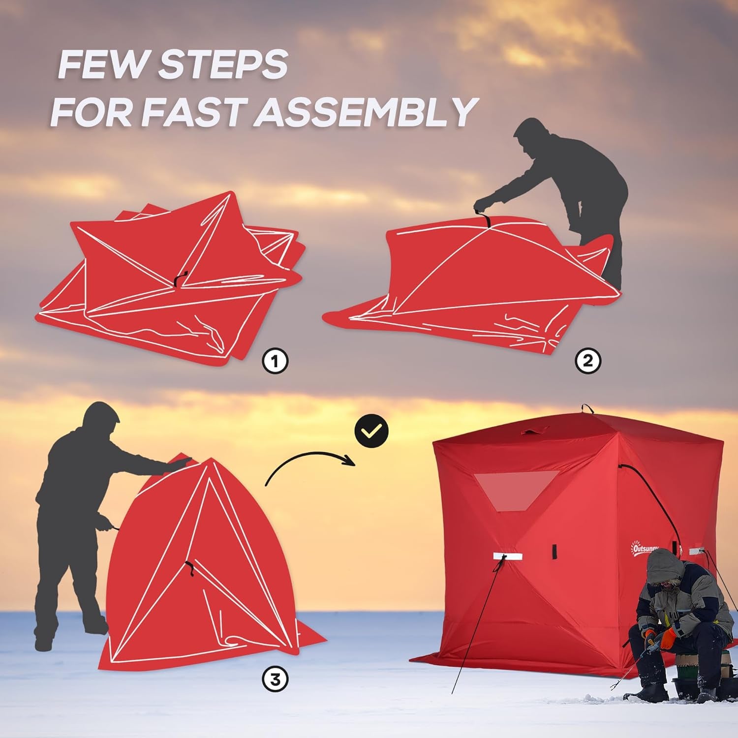 2-4 People Ice Fishing Shelter, Pop-Up Portable Ice Fishing Tent with Carry Bag, Two Doors, Windows and Vents, Ice Shanty for Winter Fishing