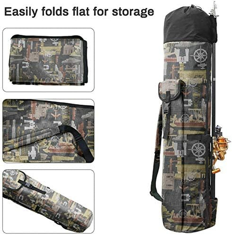 Durable Canvas Fishing Rod & Reel Organizer Bag Travel Carry Case Bag- Holds 5 Poles & Tackle