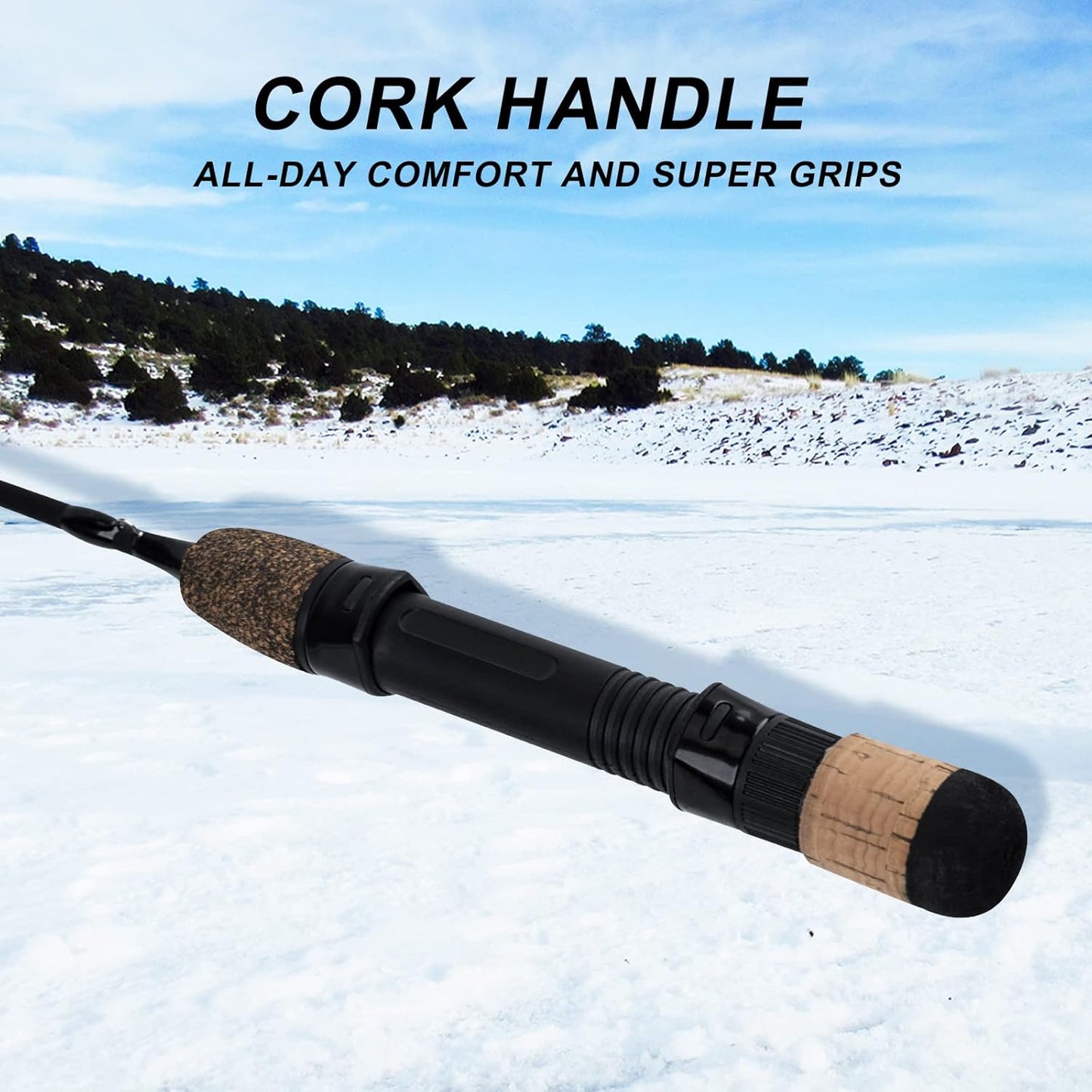 Ultralight Ice Fishing Rod with Cork Handle, 28/32 Inch Ice Spinning Rod, High Visibility Twin Tip Ice Fishing Pole, 2 Different Actions in One Rod - Graphite & Fiberlass