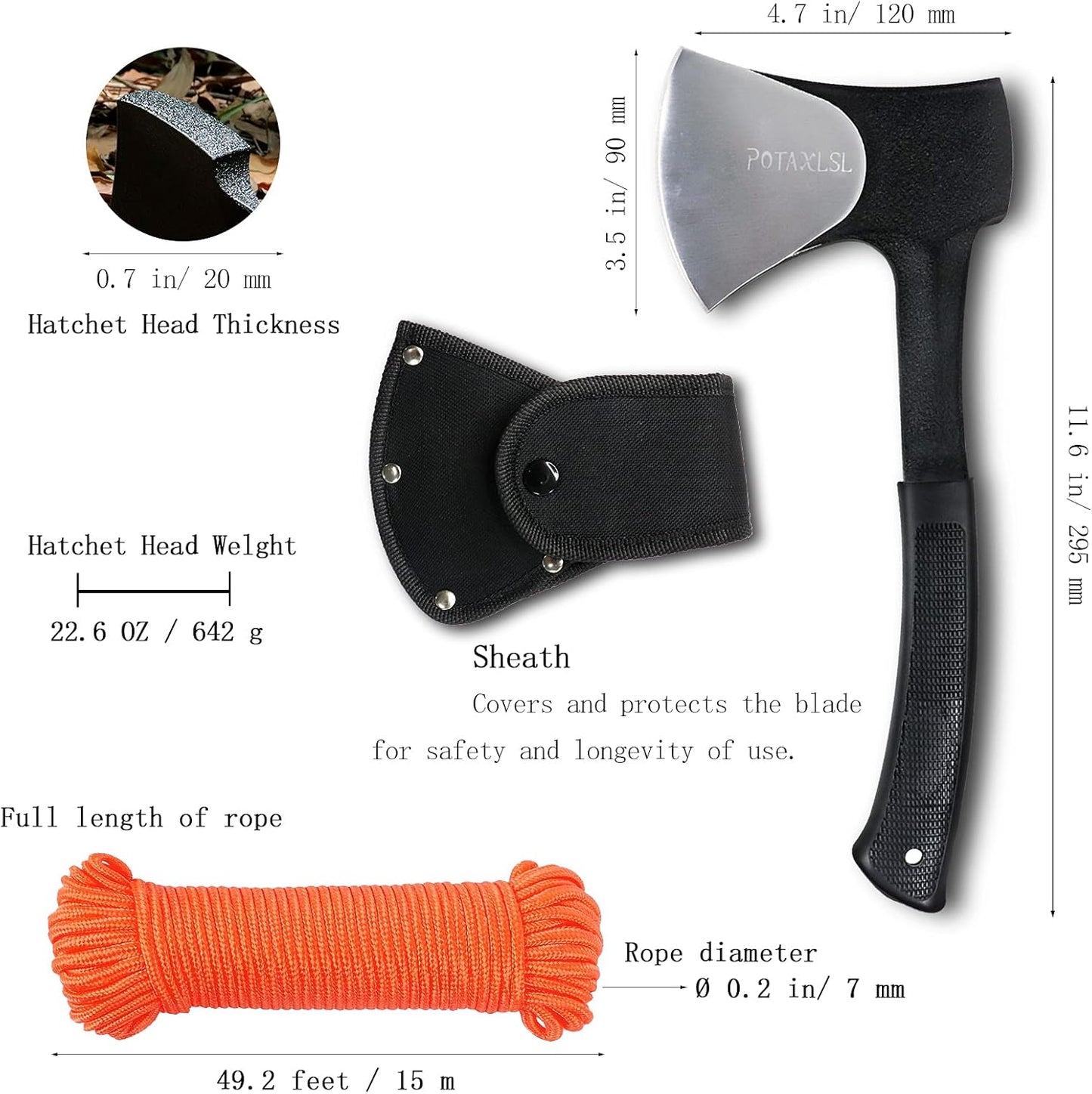 Camping Axe, 11" Outdoor Throwing Axe with Rope, Small Portable Tactical Axe Stainless Steel Axe Blade with Firm Unbreakable Handle, for Camping Survival Outdoor Camping Jungle Crafts