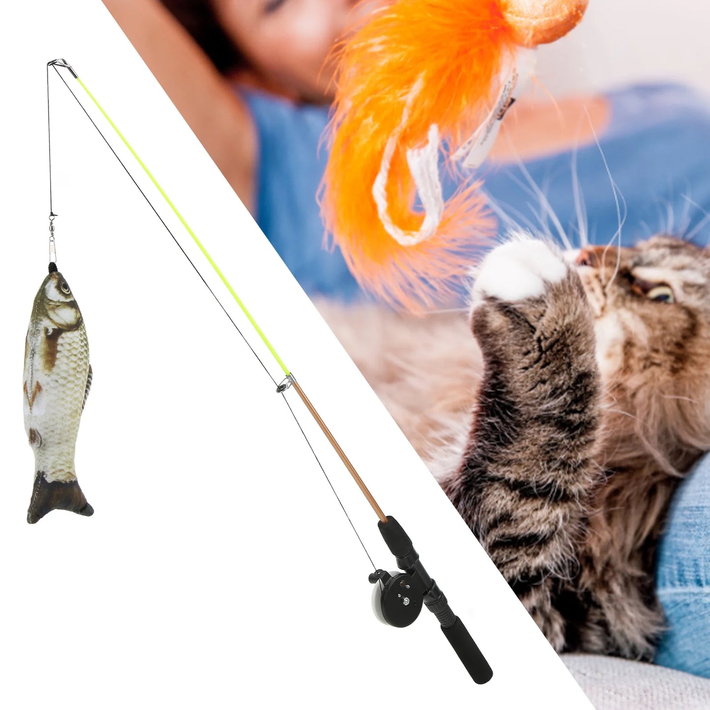 Funny Cat Stick, Bite Resistant Attractive Funny Cat Toys for Cats Grass Carp + Fishing Rod