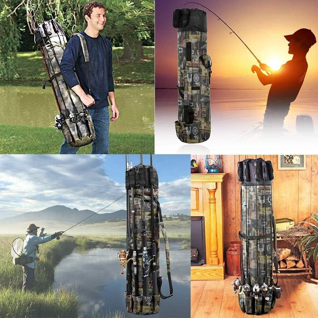 Durable Canvas Fishing Rod & Reel Organizer Bag Travel Carry Case Bag- Holds 5 Poles & Tackle