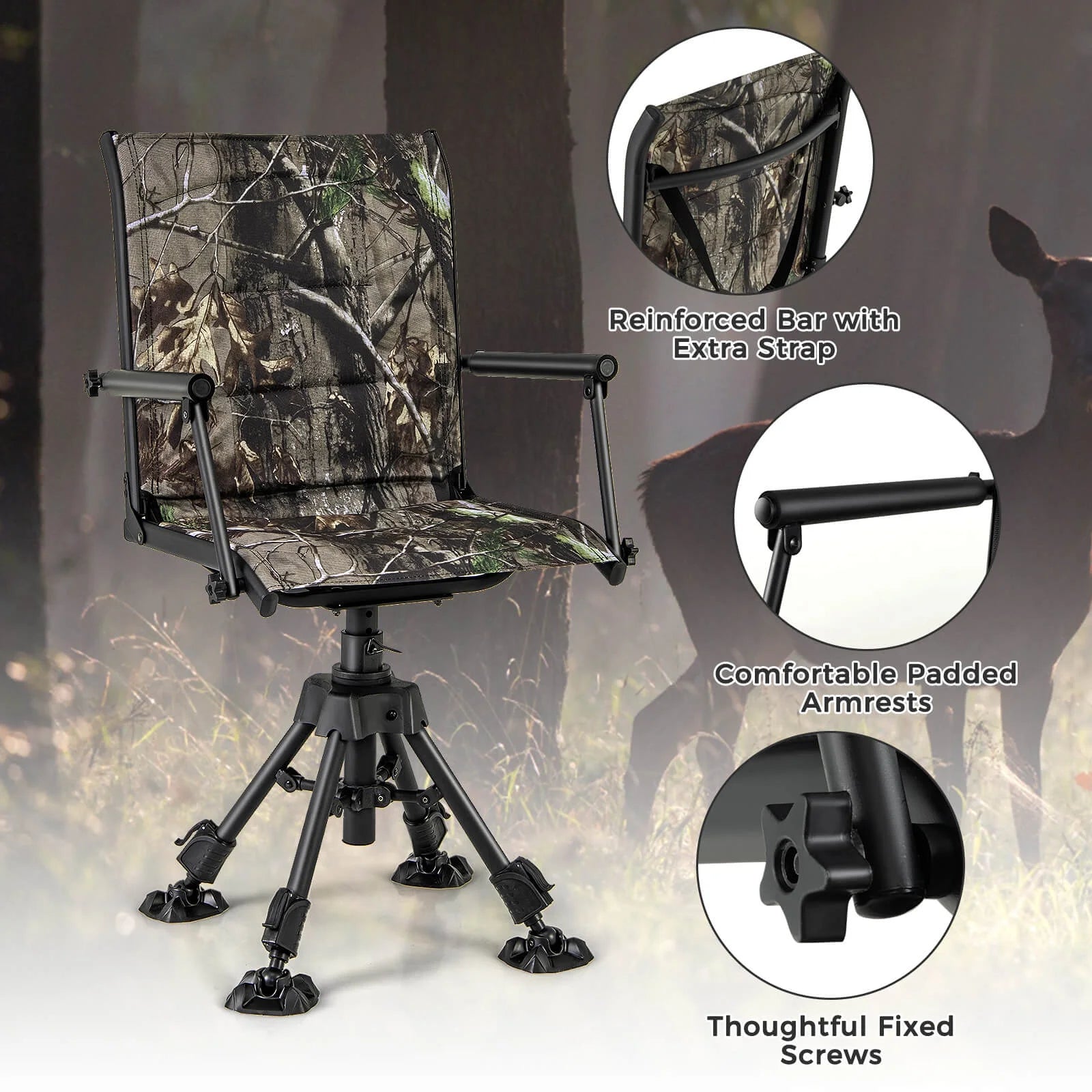 Goplus Swivel Hunting Chair with 4 360° Adjustable Legs Folding Silent Swivel Blind Chair Camouflage