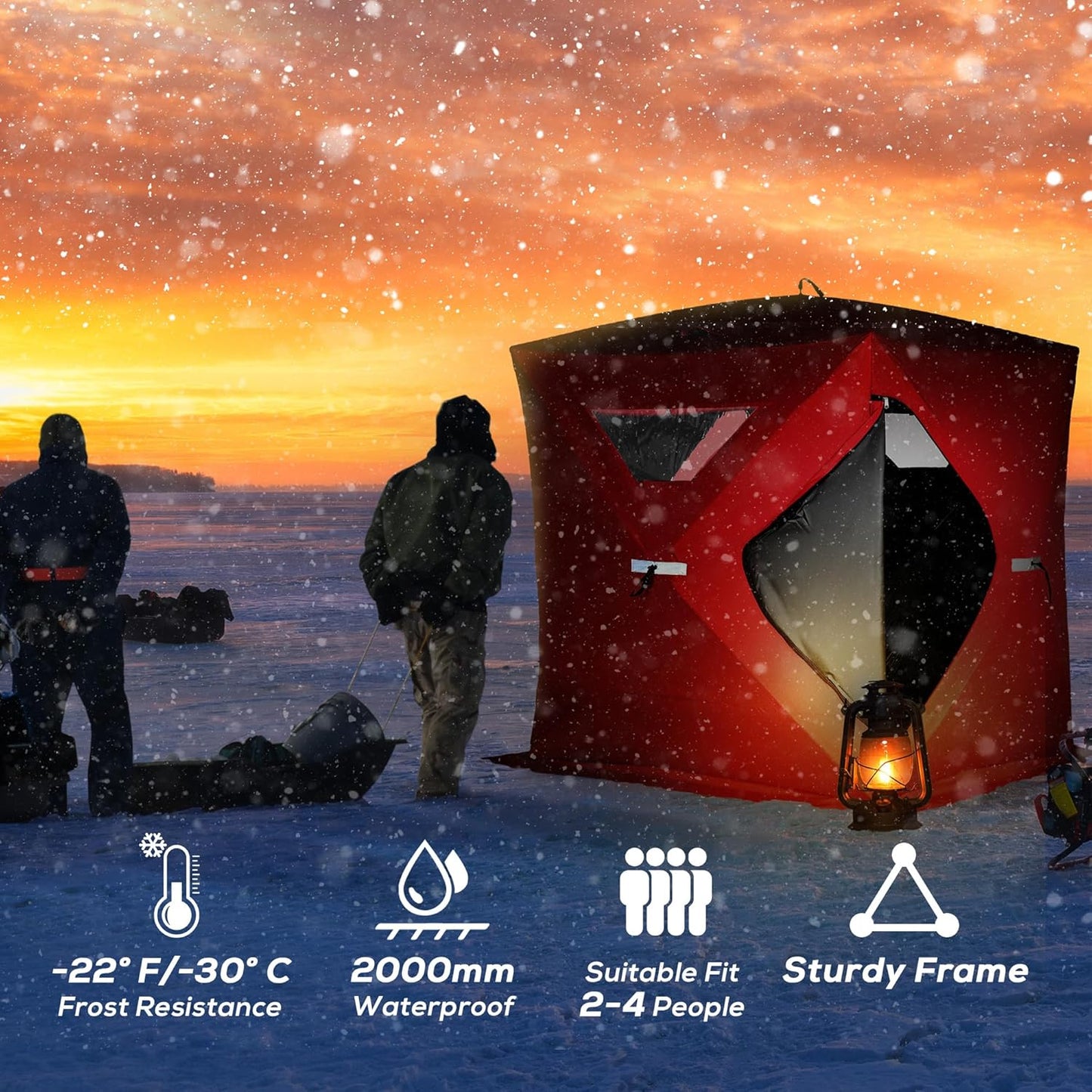 2-4 People Ice Fishing Shelter, Pop-Up Portable Ice Fishing Tent with Carry Bag, Two Doors, Windows and Vents, Ice Shanty for Winter Fishing