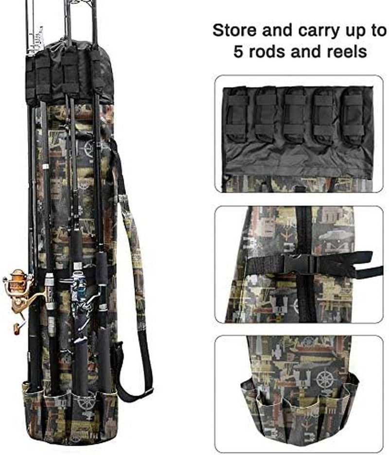 Durable Canvas Fishing Rod & Reel Organizer Bag Travel Carry Case Bag- Holds 5 Poles & Tackle