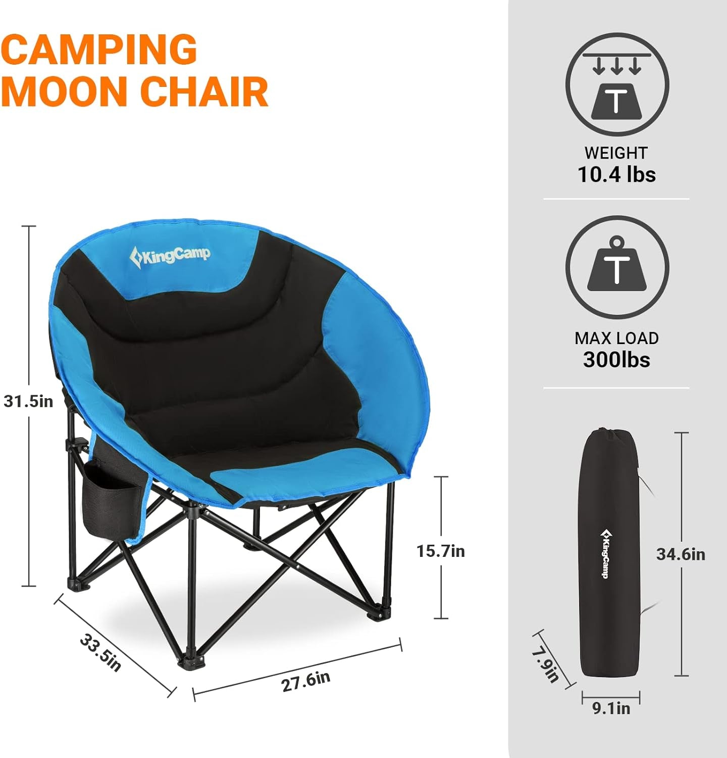 Camping Moon Chair Oversized Padded round Saucer Chairs for Adults 300LBS Capacity Folding Camp Chair with Cup Holder for Sports Fishing BBQ Outdoor Hiking 31 X 33 X 27 Inches Balck&Royablue