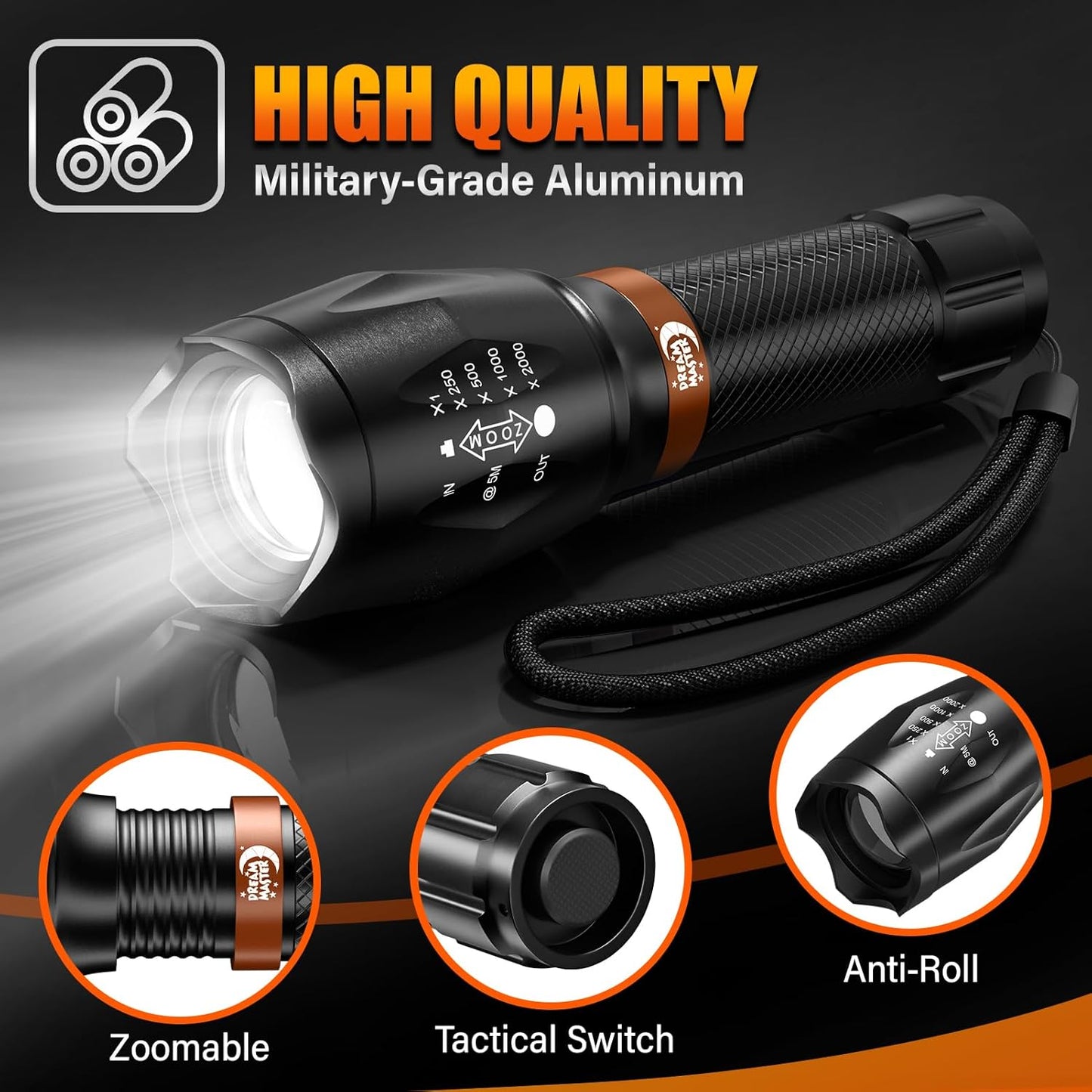 2 Pack LED Flashlights High Lumens with 6 AAA Batteries, 5 Modes Mini Waterproof Tactical Flashlight for Camping Hiking, Bright Flashlight with Zoomable, Fathers Day Dad Gifts for Him, Black & Coppery