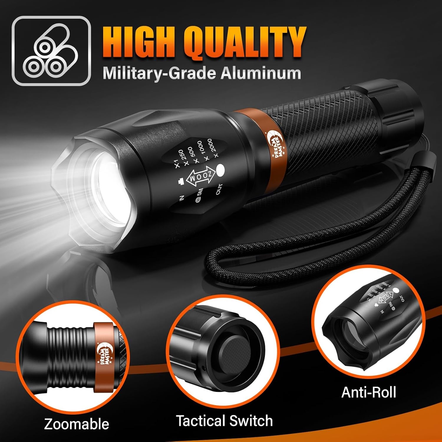 2 Pack LED Flashlights High Lumens with 6 AAA Batteries, 5 Modes Mini Waterproof Tactical Flashlight for Camping Hiking, Bright Flashlight with Zoomable, Fathers Day Dad Gifts for Him, Black & Coppery