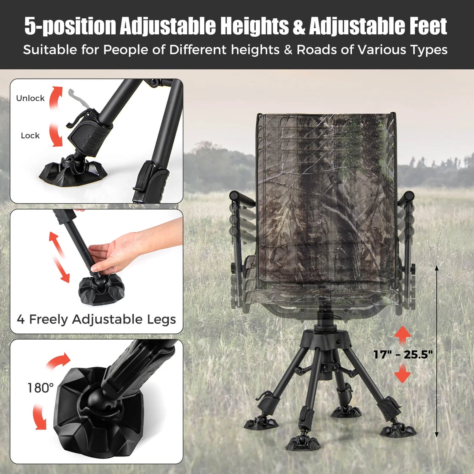 Goplus Swivel Hunting Chair with 4 360° Adjustable Legs Folding Silent Swivel Blind Chair Camouflage