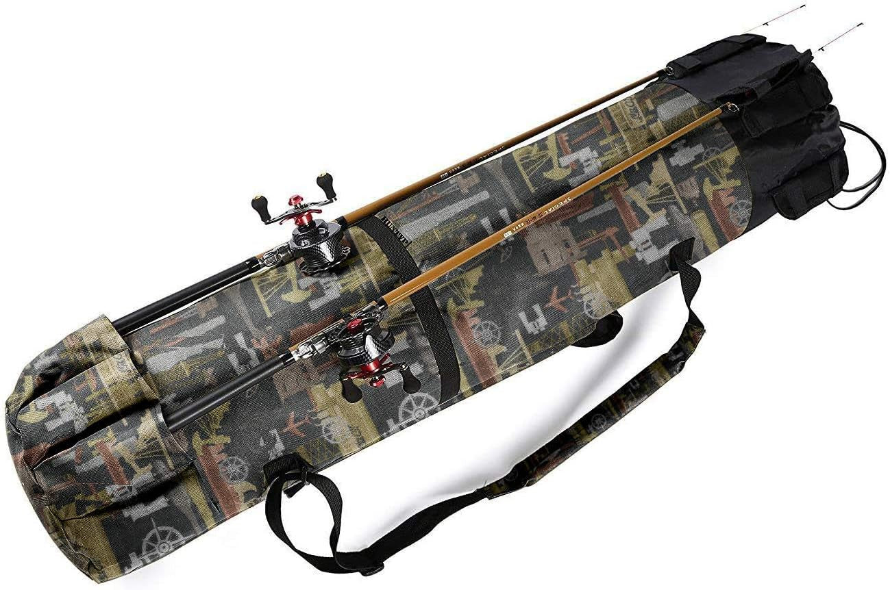 Durable Canvas Fishing Rod & Reel Organizer Bag Travel Carry Case Bag- Holds 5 Poles & Tackle