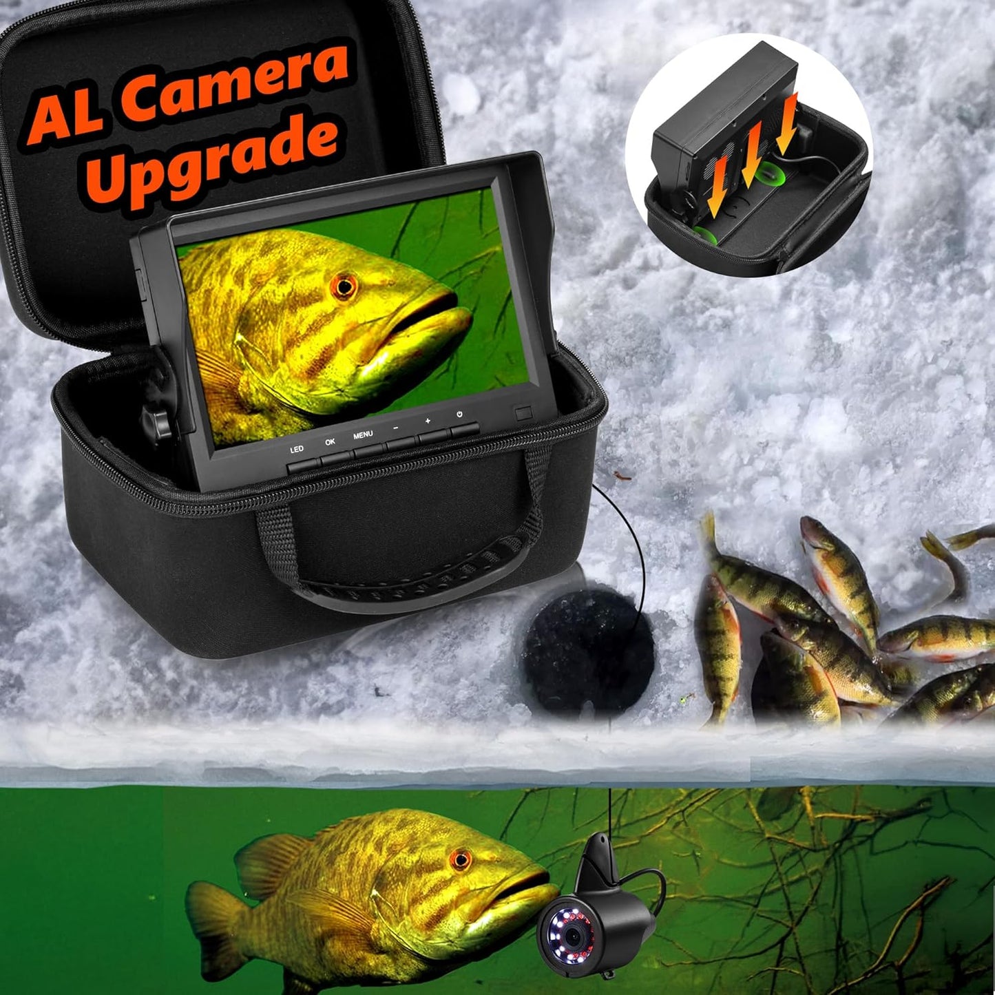 [2024 Upgrade] Underwater Fishing Camera - [No Slide Off] 7'' Ice Fishing Camera Underwater W/Bracket, 24Pcs Light, 4,500Mah, Portable Fish Finder Ice Fish Gifts for Men, 50FT Cable