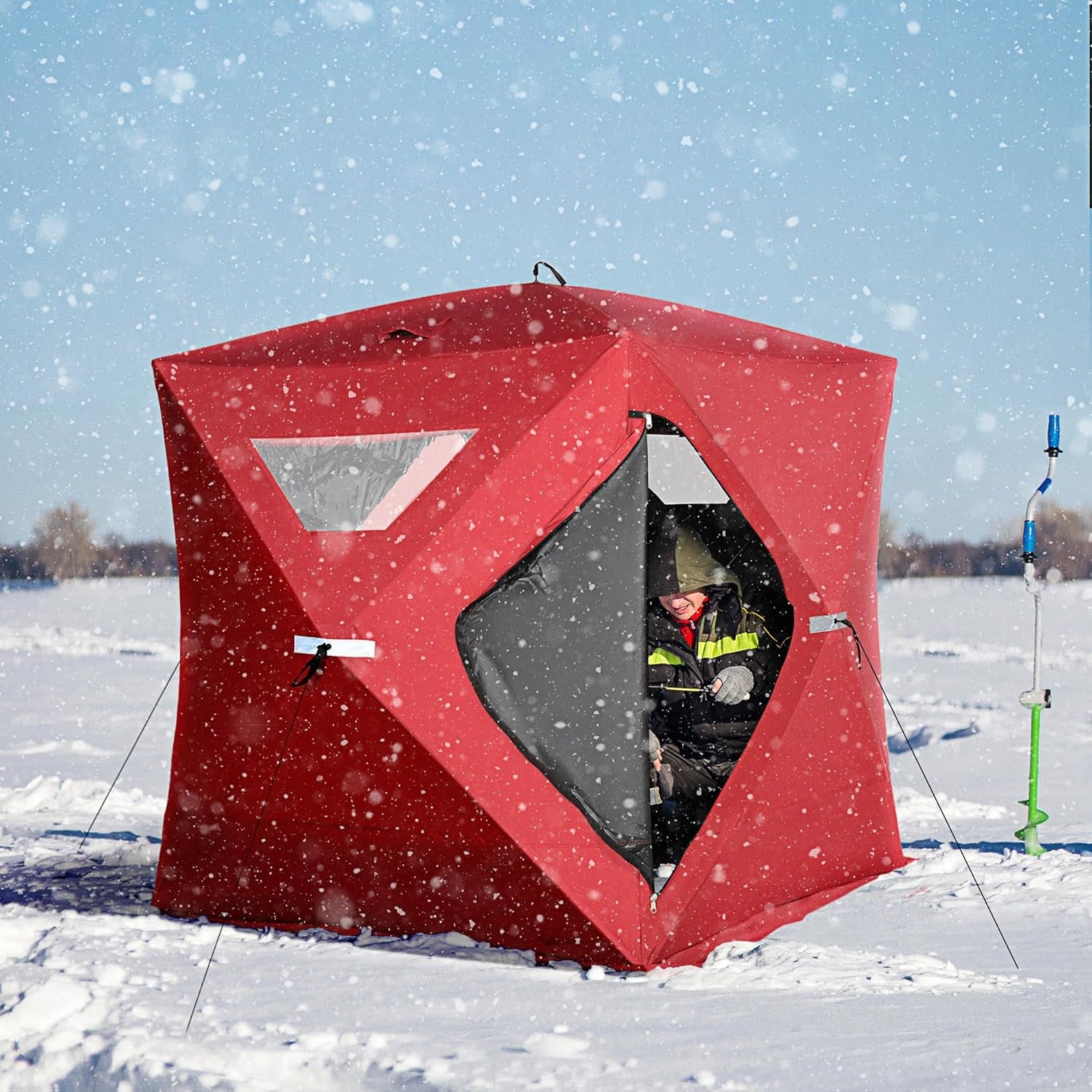 2-4 People Ice Fishing Shelter, Pop-Up Portable Ice Fishing Tent with Carry Bag, Two Doors, Windows and Vents, Ice Shanty for Winter Fishing