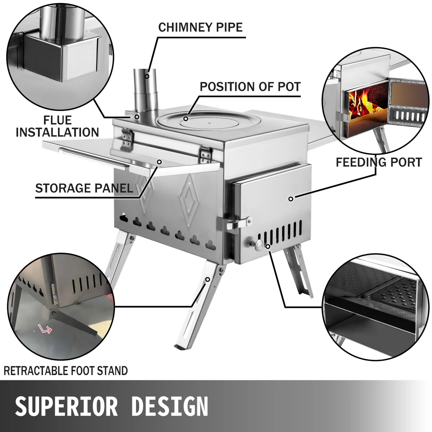 VEVOR Tent Wood Stove 17.5X14.7X10.6 Inch, Camping Wood Stove 304 Stainless Steel with Folding Pipe, Portable Wood Stove 95.7 Inch Total Height for Camping, Tent Heating, Hunting, Outdoor Cooking