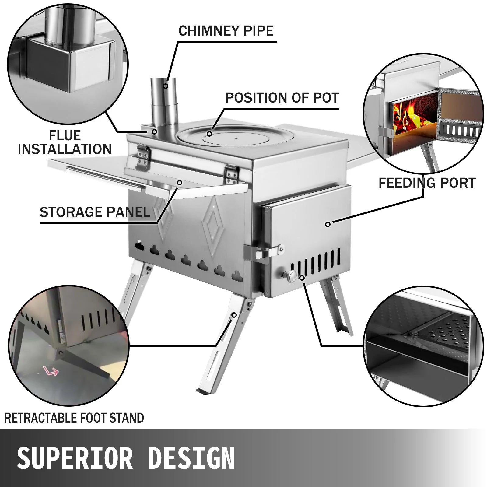 VEVOR Tent Wood Stove 17.5X14.7X10.6 Inch, Camping Wood Stove 304 Stainless Steel with Folding Pipe, Portable Wood Stove 95.7 Inch Total Height for Camping, Tent Heating, Hunting, Outdoor Cooking