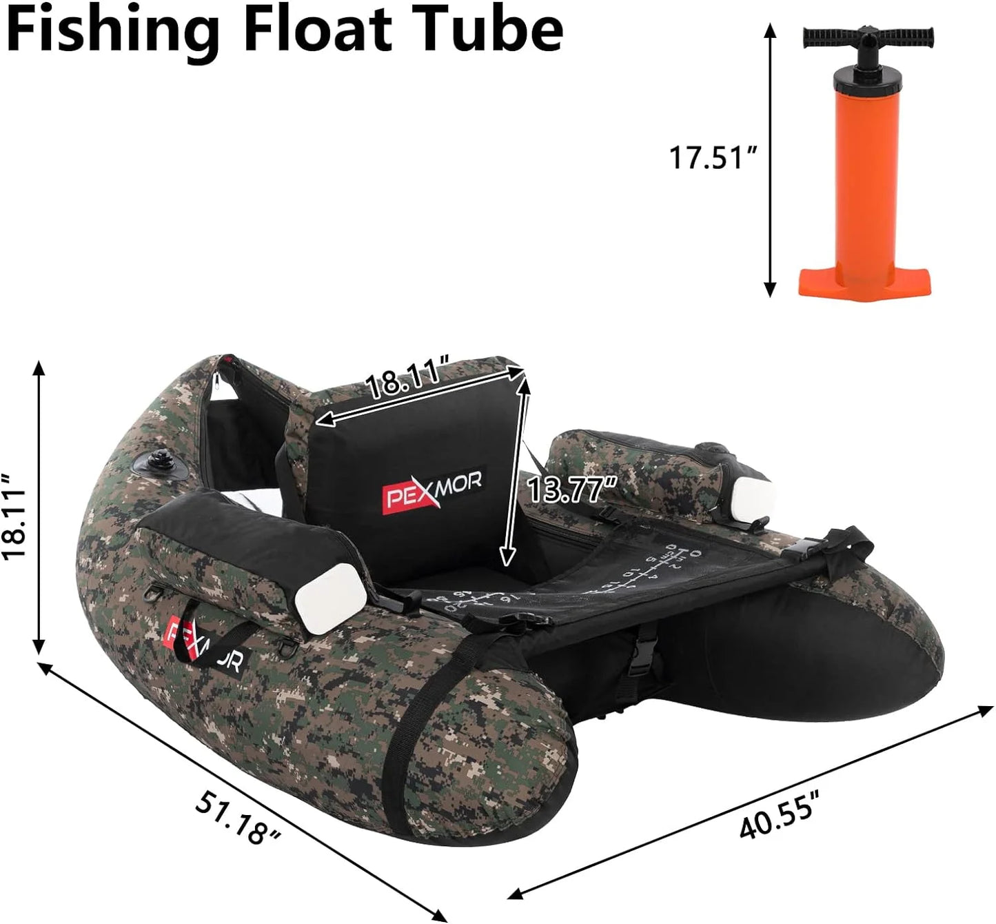 PEXMOR Inflatable Fishing Float Tube, Float Tubes for Fishing W/Rod Holder | Fish Ruler | Pump | Carry Bag | Adjustable Straps| Storage Pockets, 350LBS Capacity Fly Fishing Belly Boat