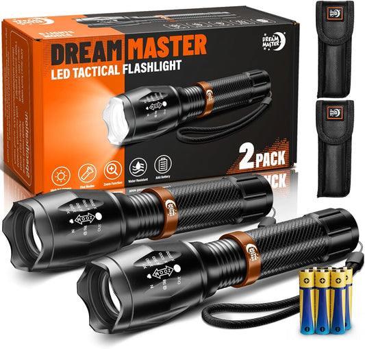 2 Pack LED Flashlights High Lumens with 6 AAA Batteries, 5 Modes Mini Waterproof Tactical Flashlight for Camping Hiking, Bright Flashlight with Zoomable, Fathers Day Dad Gifts for Him, Black & Coppery