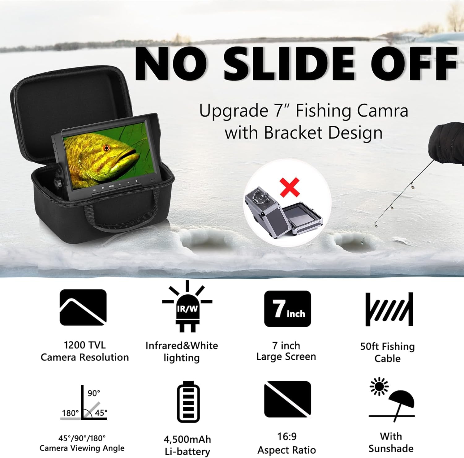 [2024 Upgrade] Underwater Fishing Camera - [No Slide Off] 7'' Ice Fishing Camera Underwater W/Bracket, 24Pcs Light, 4,500Mah, Portable Fish Finder Ice Fish Gifts for Men, 50FT Cable