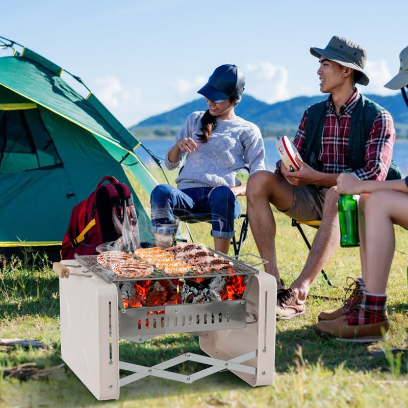 Folding Charcoal BBQ Grill with Dishwasher-Safe Grill Grids and Charcoal Box