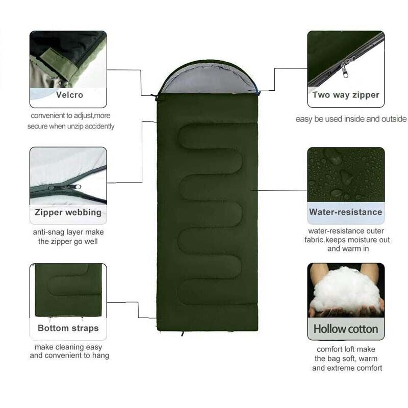 3 Season Outdoor Envelope Sleeping Bag Waterproof Warm Adult Camping Hiking US