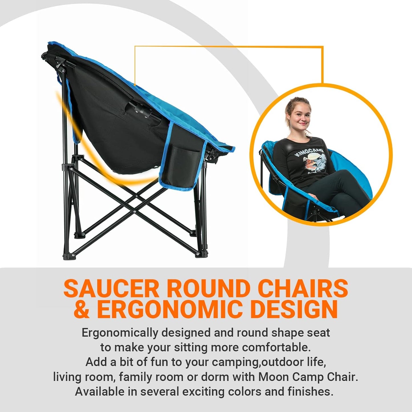 Camping Moon Chair Oversized Padded round Saucer Chairs for Adults 300LBS Capacity Folding Camp Chair with Cup Holder for Sports Fishing BBQ Outdoor Hiking 31 X 33 X 27 Inches Balck&Royablue