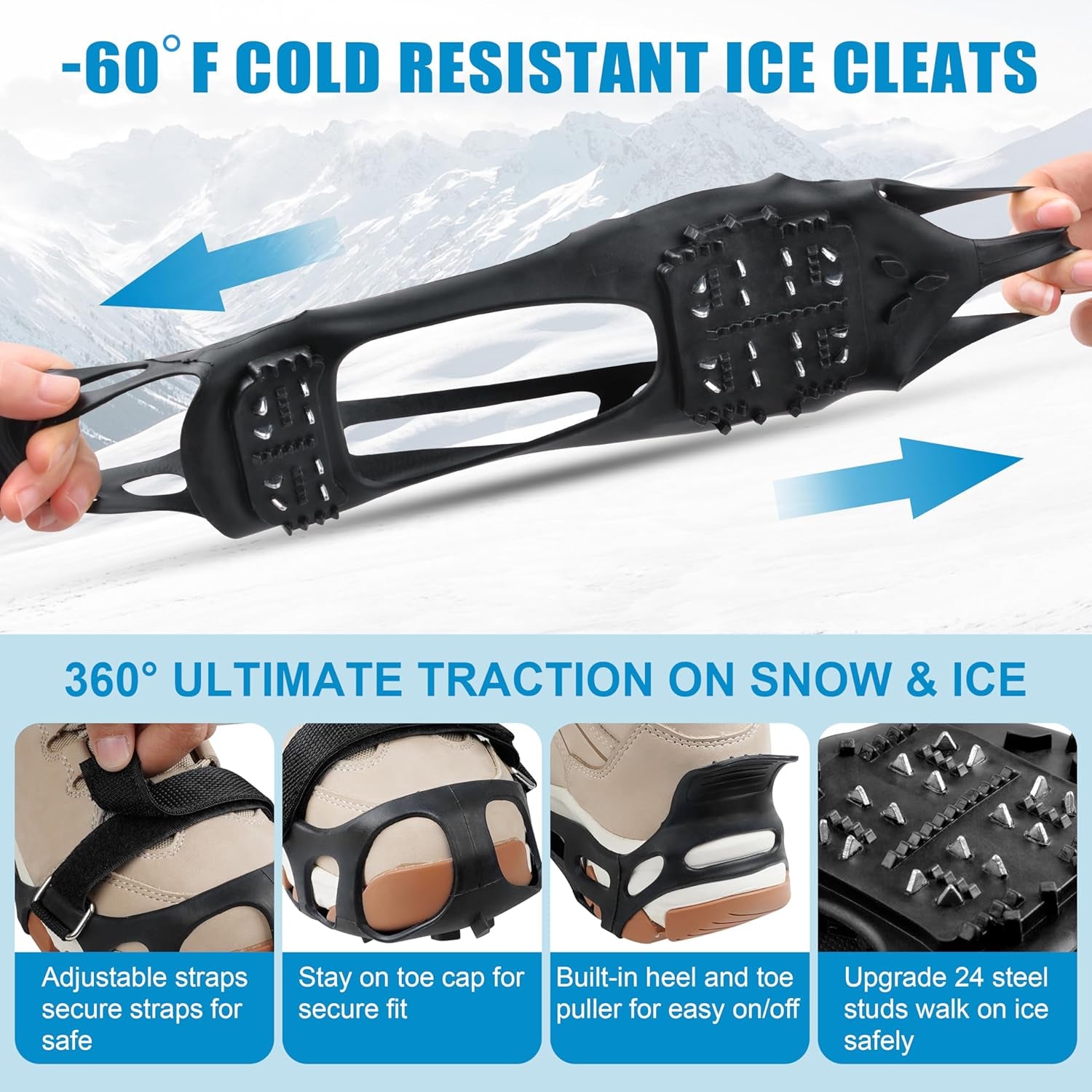 Ice Cleats for Shoes and Boots, Snow Traction Cleats Crampons for Walking on Snow and Ice Non-Slip Ice Shoes Grippers Snow Boots Cleats for Men Women Winter Hiking Climbing